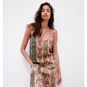 NWOT Zara floral print satin effect sleeveless self-tie strap cami top, XS